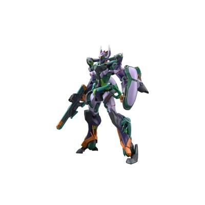 Figura robótica futurista verde e roxa segurando arma