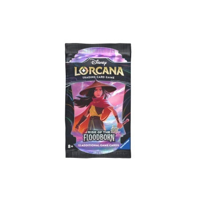 Pack de cartas Disney Lorcana com personagem feminina e texto Rise of the Floodborn