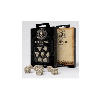 Caixas e dados do conjunto Dice Macabre com design em crânio e texto visível