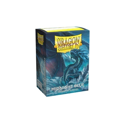 Pack de proteções para cartas Dragon Shield azul meia-noite com dragão e fundo nebuloso.
