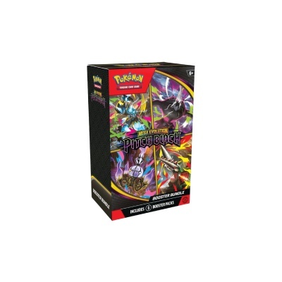 Caixa do jogo de cartas Pokémon Mega Evolution Pitch Black com imagens de Pokémon e texto colorido