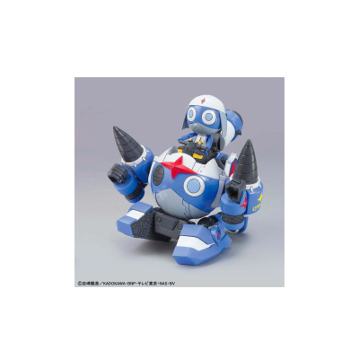 Boneco robô azul e branco com brocas e personagem azul sentado na cabeça