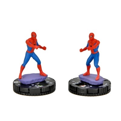 Duas miniaturas de Spider-Man em bases pretas com rocha roxa