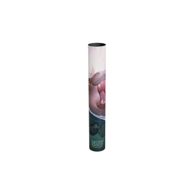Tubo para posters com ilustração de um hipopótamo rosa e texto DRAGON SHIELD.