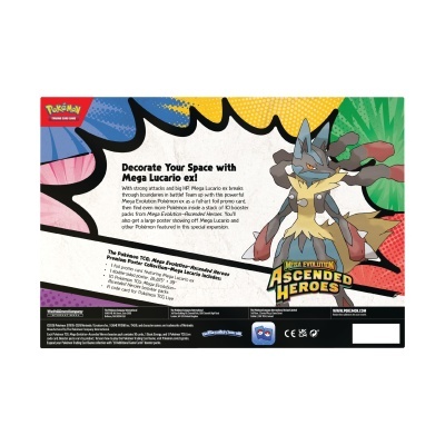 Embalagem do jogo de cartas Pokémon Mega Evolution-Ascended Heroes com ilustração do Pokémon Mega Lucario ex.