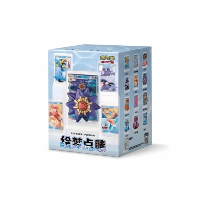 Caixa azul de coleção Pokémon com cartas e figuras, texto em chinês, sobre fundo branco.