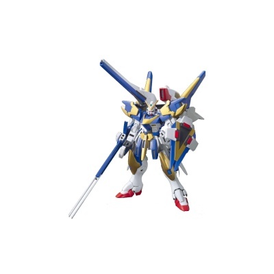 Figura robótica Gundam com lança e escudo em branco, azul, dourado e vermelho