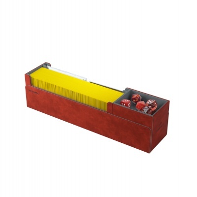 Organizador retangular para cartas e dados em vermelho com interior amarelo