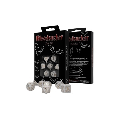 Conjunto de dados Bloodsucker Dice Set em embalagem preta com morcegos e texto
