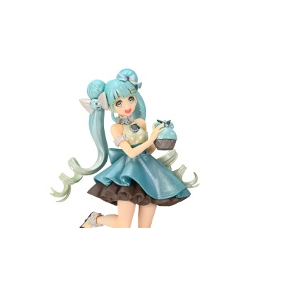 Figura anime com cabelo azul, vestido azul e castanho, segurando sobremesa