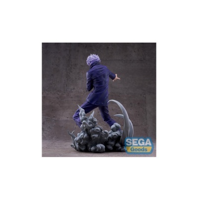 Figura colecionável de personagem de costas com cabelo roxo e fato azul em base de nuvens