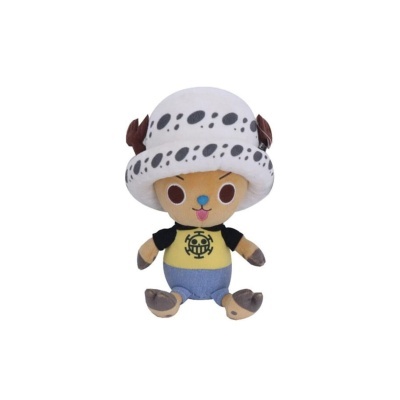 Pelúcia de personagem com chapéu branco às bolinhas e roupa colorida