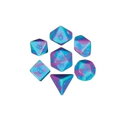 Conjunto de dados poliédricos azul e roxo para jogos de RPG
