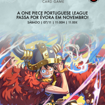 Promoção do jogo de cartas One Piece com ilustração de personagem animado e informações do evento em Évora.