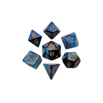 Dados de RPG azul metálico com números dourados em fundo branco
