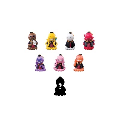 Sete bonecos coloridos e um boneco sombra com interrogação em fundo branco