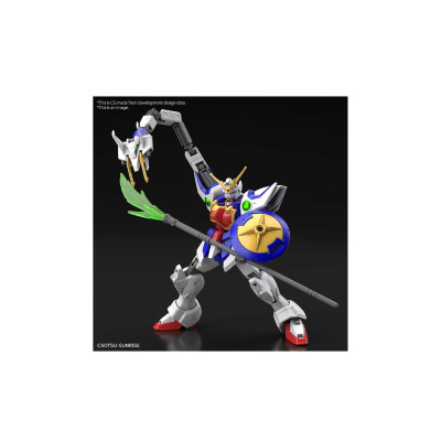 Figura articulada de robô Gundam a segurar escudo e lança em fundo preto