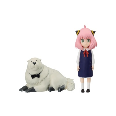 Figura menina cabelo rosa e figura urso branco com gravata preta sobre fundo branco