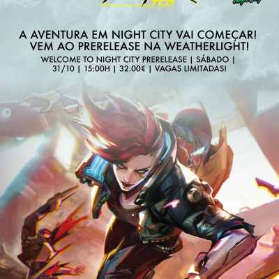 Imagem promocional do jogo Cyberpunk TCG com texto em português sobre evento de prerelease no dia 31 de outubro às 15h