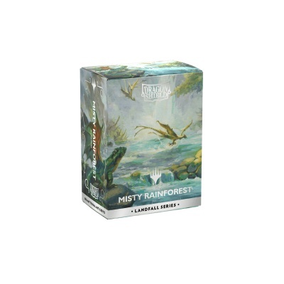 Embalagem Dragon Shield Misty Rainforest para 100 sleeves mate dupla face com arte de floresta tropical e dragão.