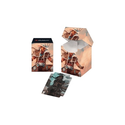 Caixa ilustrada de cartas de jogo com personagem cowgirl e carta revelada com personagem escuro