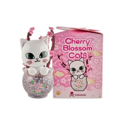 Figura de gato branco em vaso decorado com flores de cerejeira e caixa rosa Cherry Blossom Cats