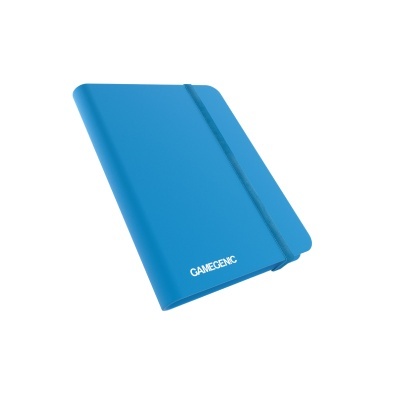 Livro ou fichário azul com fecho elástico e texto GAMEGENIC