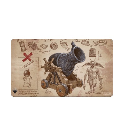 Prancha de jogo com ilustração de uma catapulta antiga e anotações em fundo bege