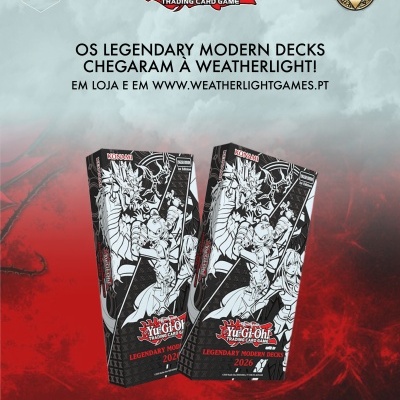 Promoção de baralhos Yu-Gi-Oh! Legendary Modern Decks 2026 com fundo vermelho e cinza