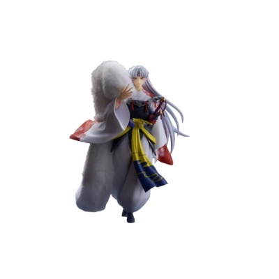 Figura colecionável de personagem japonês com roupa tradicional e objeto branco peludo.