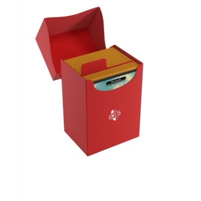 Caixa vermelha aberta com fichas amarelas etiquetadas