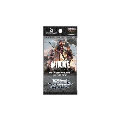 Pacote de cartas do jogo NIKKE com personagens e logotipos em fundo cinza e preto
