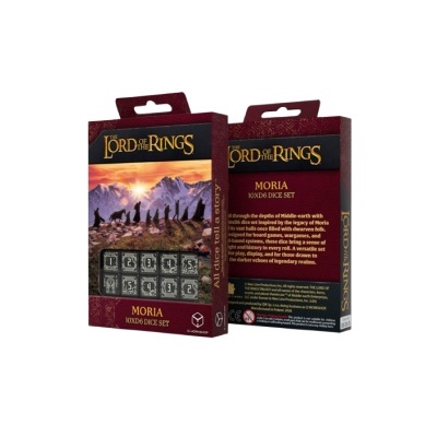 Embalagem do conjunto de dados MORIA 10XD6 Dice Set de The Lord of the Rings em vermelho escuro e preto.