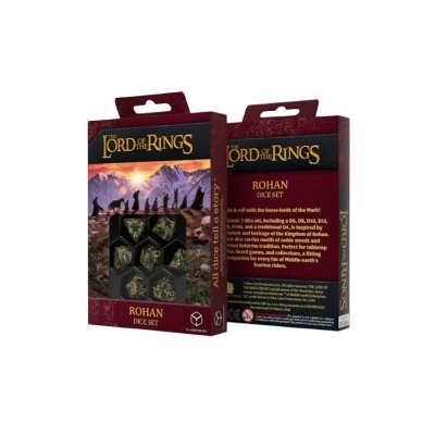 Conjunto de dados The Lord of the Rings Rohan em caixa vermelha e preta com dados visíveis e imagem de paisagem