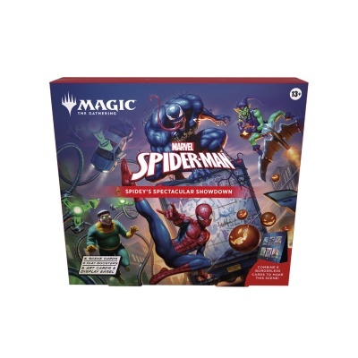 Caixa do jogo Magic The Gathering Marvel Spider-Man Spidey's Spectacular Showdown com personagens do Spider-Man