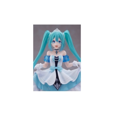 Figura anime feminina com vestido azul e branco e cabelo azul comprido