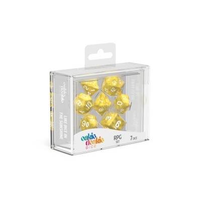 Conjunto de dados RPG dourados translúcidos em caixa plástica transparente