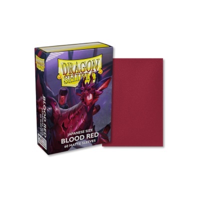 Caixa de protetores de cartas Dragon Shield Blood Red com um protetor mostrado ao lado.