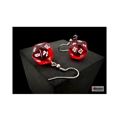 Brincos de dados D20 vermelhos com números brancos e argolas metálicas prateadas