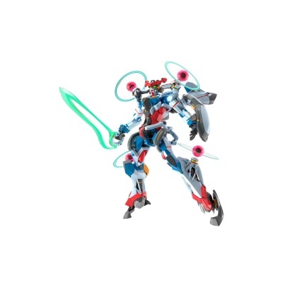 Figura robótica colorida com espada verde e esferas vermelhas brilhantes.