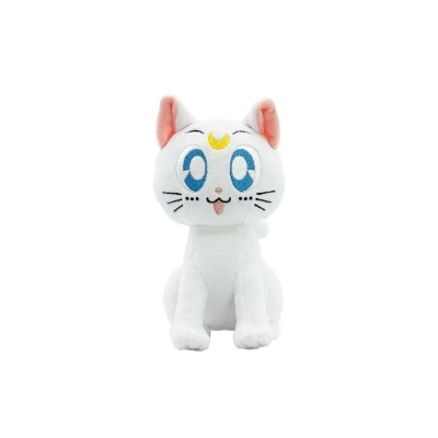 Pelúcia de gato branco com olhos azuis e lua amarela na testa