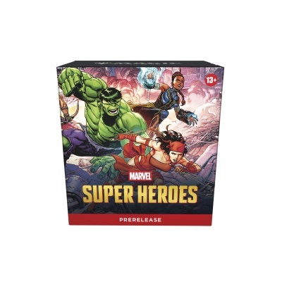 Caixa de produto com ilustração de super-heróis Marvel e texto MARVEL SUPER HEROES.