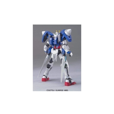Figura robô articulada branca, azul e vermelha com lâminas e armaduras pontiagudas, em fundo cinza