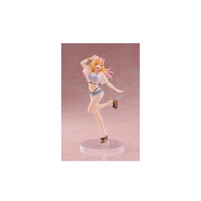 Figura colecionável de personagem feminina com roupas de praia sobre base transparente