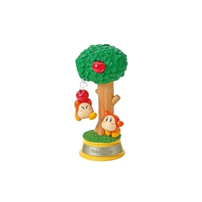 Figura decorativa com personagens laranja e árvore com maçãs vermelhas