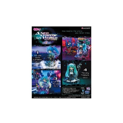 Imagem promocional de figuras colecionáveis Hatsune Miku em várias poses e cenários coloridos