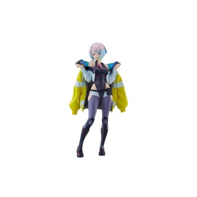 Figura colecionável de personagem com cabelo curto colorido e fato de corpo justo preto com casaco amarelo