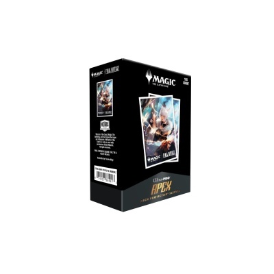 Caixa preta de protetores de cartas com imagem de personagem de anime e textos Magic The Gathering, Final Fantasy e Ultra Pro Apex.