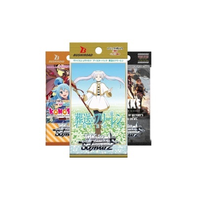 Três packs de cartas Weiss Schwarz com personagens de anime em embalagens coloridas