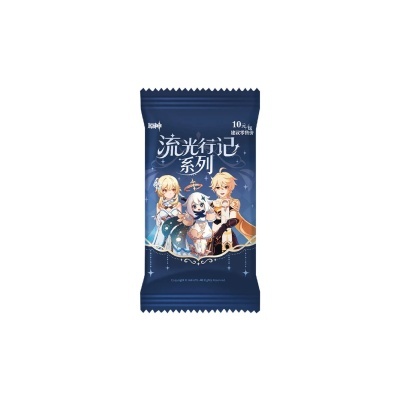 Pacote azul com ilustração de personagens animados e texto em chinês